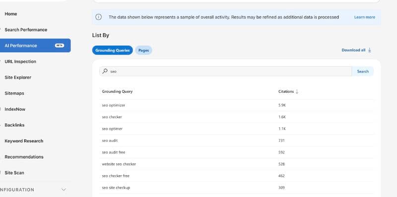 Vue des grounded queries dans le rapport AI Performance de Bing Webmaster Tools, montrant les requêtes reformulées par l'IA